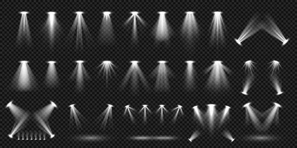 spot-beleuchtung auf transparenten hintergrund vektor sammlung isoliert. heller szenenbeleuchtung - suchscheinwerfer stock-grafiken, -clipart, -cartoons und -symbole