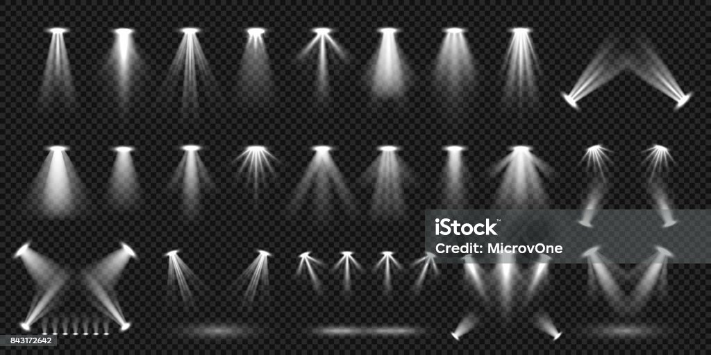 Spot Eclairage isolé sur la collection de vecteur d’arrière-plan transparent. Éclairage de scène lumineuse - clipart vectoriel de Spot libre de droits