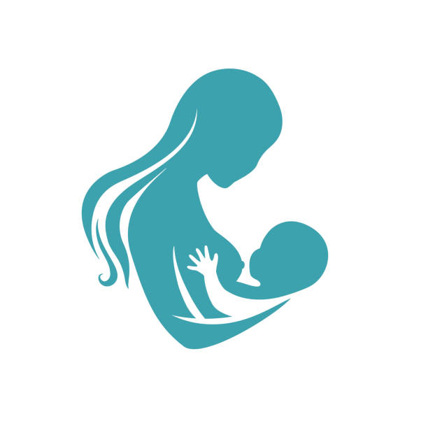 ilustrações de stock, clip art, desenhos animados e ícones de breastfeeding logo design with woman silhouette feeding newborn baby - human hand child abstract adult