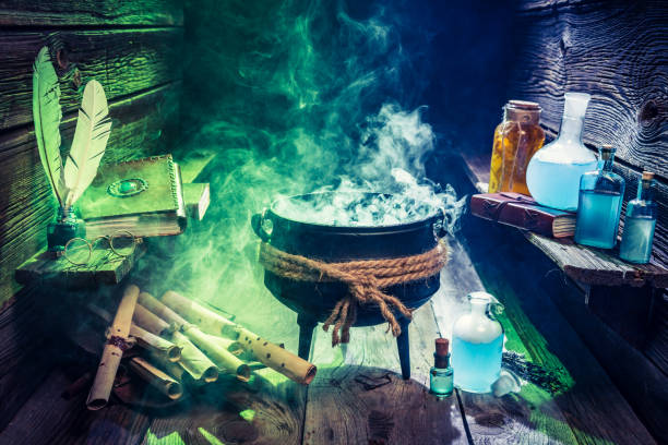 istock Magical witcher cauldron with color smoke for Halloween 843173256