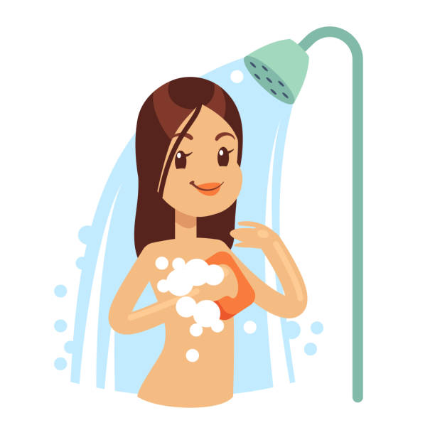 ilustraciones, imágenes clip art, dibujos animados e iconos de stock de mujer sonriente tomando agua ducha en cuarto de baño. ilustración de vector de higiene regular de chica - bathtub women naked human face
