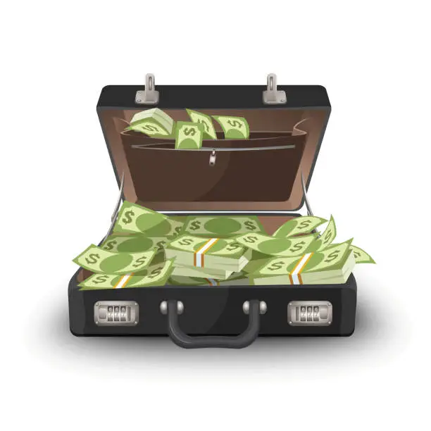 Vector illustration of Suitcase staffed by dollar banknotes, leather case with cash