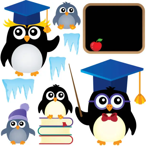 Vector illustration of School penguins theme set 1