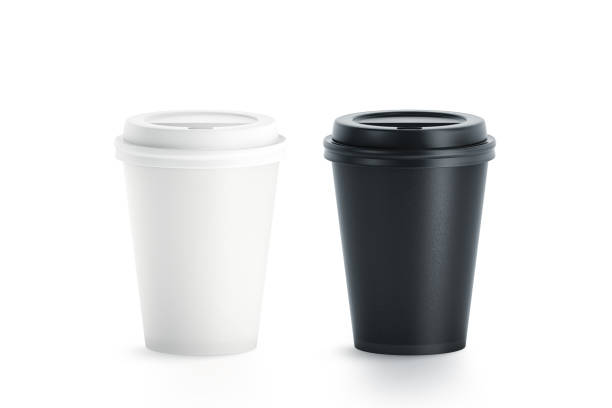 Blank black and white disposable paper cup with plastic lid Blank black and white disposable paper cup with plastic lid mock up isolated, 3d rendering. Empty polystyrene coffee drinking mug mockup front view. Clear plain tea take away package mock turtleneck stock pictures, royalty-free photos & images