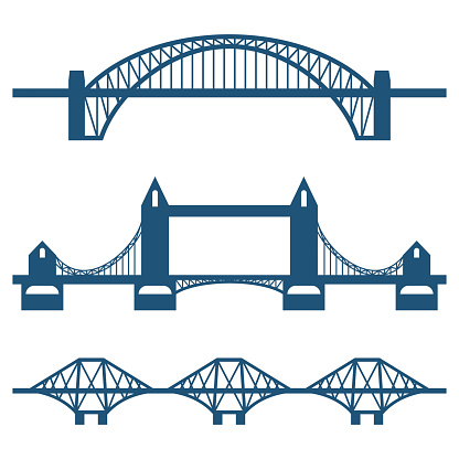 Set of flat bridge icons isolated on white background. Vector illustration of some of most famous structures used for crossing rivers, valleys or roads