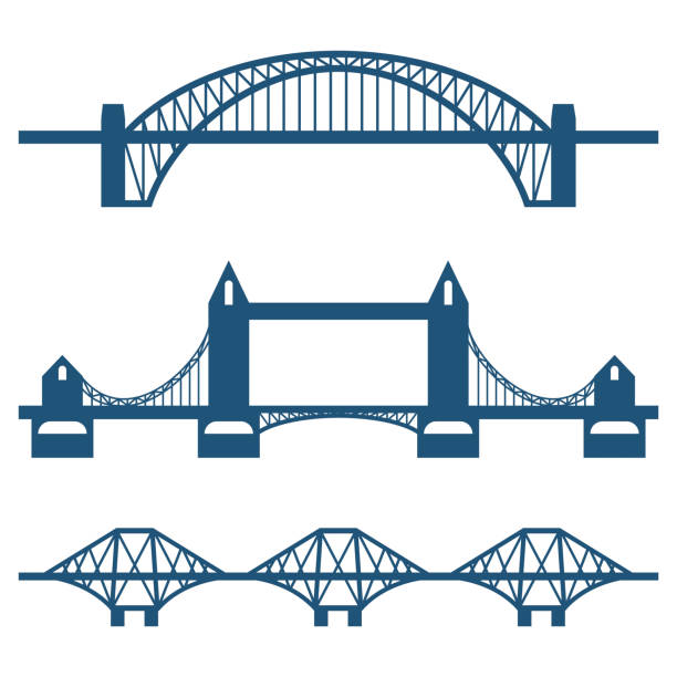 Set of flat bridge icons isolated on white Set of flat bridge icons isolated on white background. Vector illustration of some of most famous structures used for crossing rivers, valleys or roads cantilever bridge stock illustrations