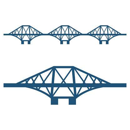 Forth Bridge set of blue silhouettes isolated on white background. Vector illustration of cantilever railway structure. Symbol of Scotland.