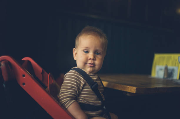 A little baby is sitting on a booster chair at a table in a cafe