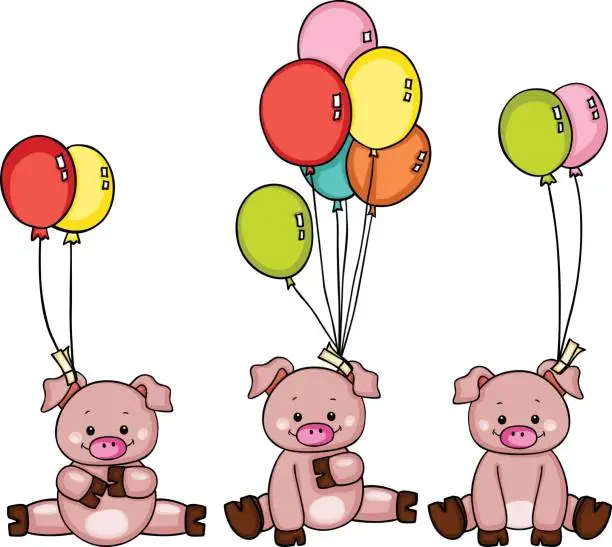 Vector illustration of Three pigs with balloons