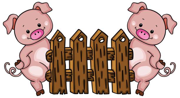 Two pigs with wooden fence Scalable vectorial image representing a two pigs with wooden fence, isolated on white. rail fence stock illustrations