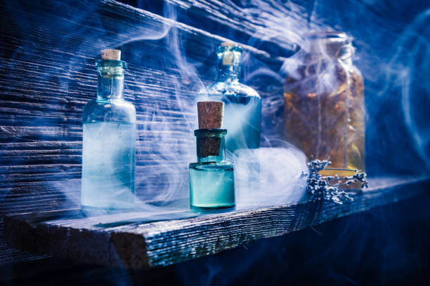 witcher cottage with blue magic potion for halloween - old laboratory alchemy alchemist imagens e fotografias de stock