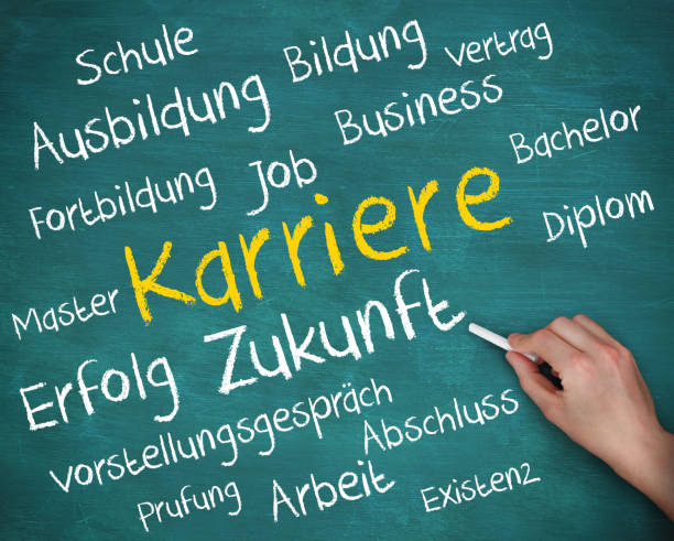 istock Hand holding a chalk and writing several words about career in german 843182196