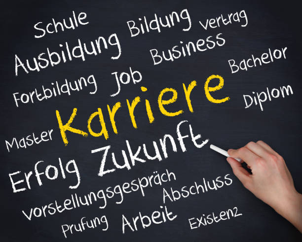 istock Hand holding a chalk and writing several german words about career 843182236