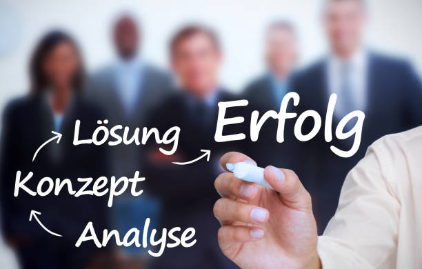 istock Businessman holding a marker and writing success terms in german 843183102