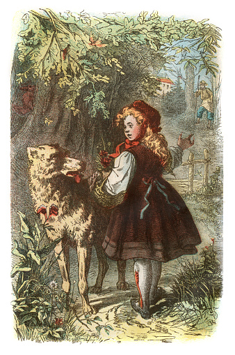 Steel engraving of little Red Riding hood with wolf in forest