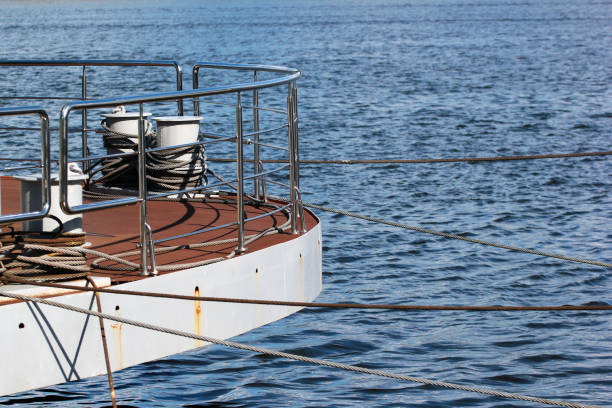 istock Bollard on ship deck with metal mooring lines 843193126