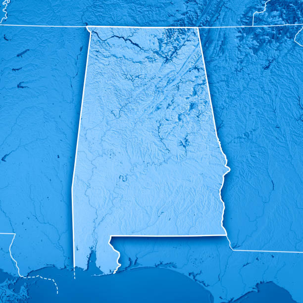 Alabama State USA 3D Render Topographic Map Blue Border 3D Render of a Topographic Map of the State of Alabama, USA.
All source data is in the public domain.
Boundaries Level 1: USGS, National Map, National Boundary Data.
https://viewer.nationalmap.gov/basic/#productSearch
Relief texture and Rivers: SRTM data courtesy of USGS. URL of source image: 
https://e4ftl01.cr.usgs.gov//MODV6_Dal_D/SRTM/SRTMGL1.003/2000.02.11/
Water texture: SRTM Water Body SWDB:
https://dds.cr.usgs.gov/srtm/version2_1/SWBD/ alabama us state stock pictures, royalty-free photos & images