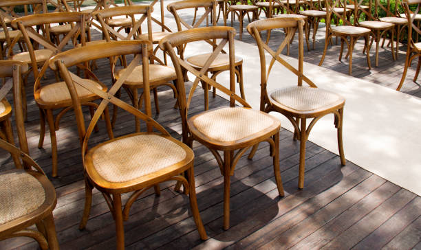 istock Wooden chairs set row orderly on the terrace. 843201962