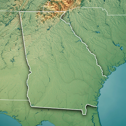 3D Render of a Topographic Map of the State of Georgia, USA.\nAll source data is in the public domain.\nColor texture: Made with Natural Earth. \nhttp://www.naturalearthdata.com/downloads/10m-raster-data/10m-cross-blend-hypso/\nBoundaries Level 1: USGS, National Map, National Boundary Data.\nhttps://viewer.nationalmap.gov/basic/#productSearch\nRelief texture and Rivers: SRTM data courtesy of USGS. URL of source image: \nhttps://e4ftl01.cr.usgs.gov//MODV6_Dal_D/SRTM/SRTMGL1.003/2000.02.11/\nWater texture: SRTM Water Body SWDB:\nhttps://dds.cr.usgs.gov/srtm/version2_1/SWBD/