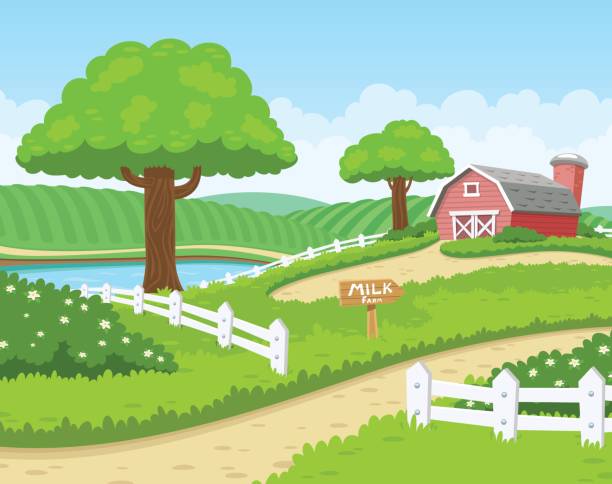 Farm background Vector illustration. Farm background including farm, fields, trees and fence. brush fence stock illustrations