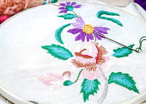 istock Embroidery Flowers. Folk embroidery. Sewing accessories. Canvas, hoop, thread mouline. Needlework. 843202442