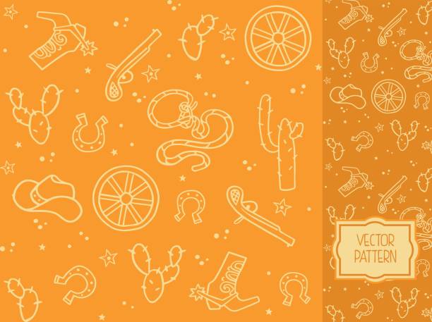 ilustraciones, imágenes clip art, dibujos animados e iconos de stock de patrón decorativo con elementos de ropa de vaquero y elementos del salvaje oeste - horseshoe seamless backgrounds vector