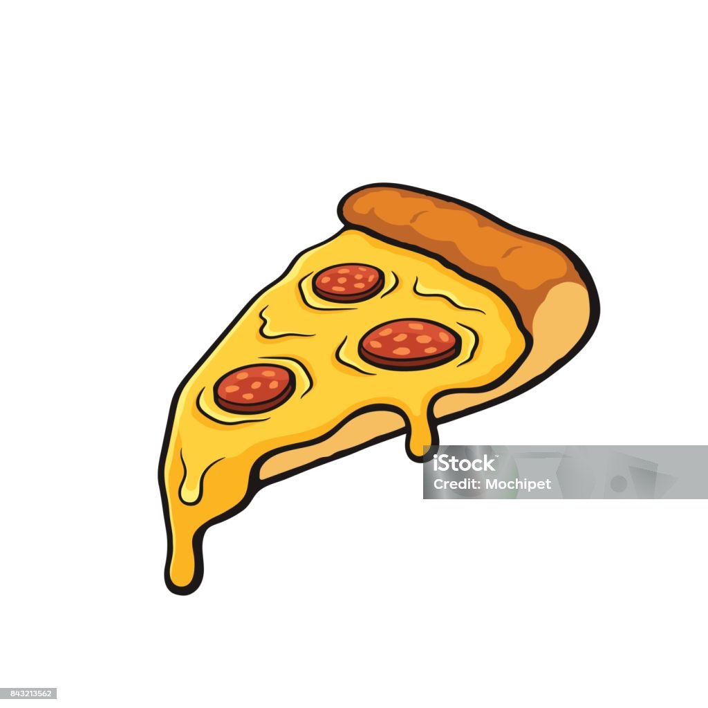 Dos desenhos animados com contorno de fatia de pizza com queijo derretido e calabresa - Vetor de Pizza royalty-free