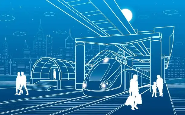 Vector illustration of Infrastructure and transport illustration. Monorail railway. People walking under flyover. Crosswalk. Train move. Modern night city. Towers and skyscrapers. White lines. Vector design art