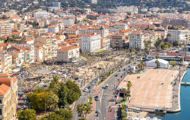 aerial view of Cannes France aerial view of Le Suquet- the old town and Port Le Vieux of Cannes, France saint étienne photos stock pictures, royalty-free photos & images