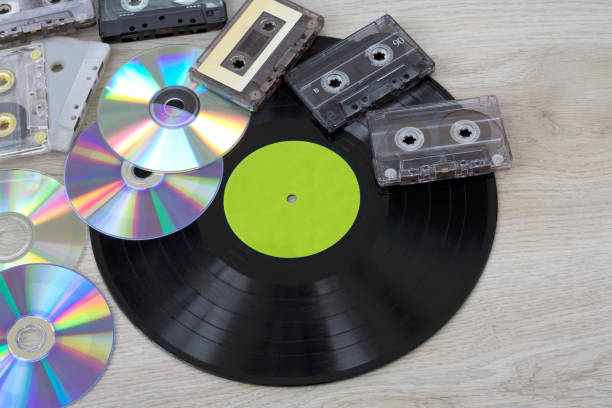 istock Retro, vinyl record disc, audio cassette and cd 843219052