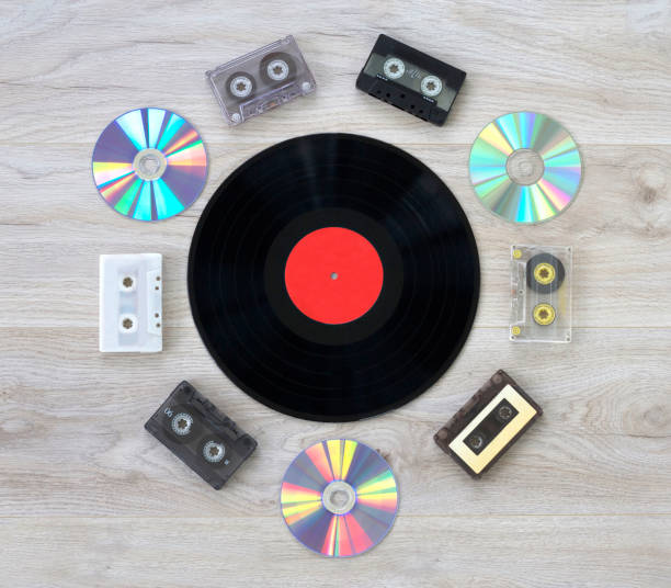 istock Retro, vinyl record disc, audio cassette and cd 843219070