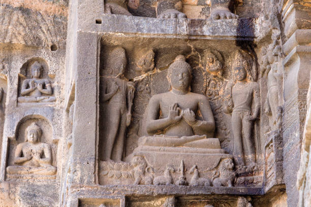 Buddha image in cave of Ellora, State of Maharashtra, India Buddha image in cave of Ellora, State of Maharashtra, India ajanta caves photos stock pictures, royalty-free photos & images