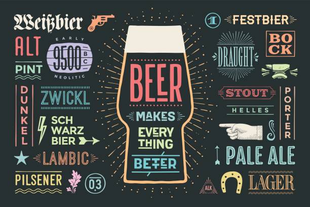 Poster Beer Makes Everything Better Poster or banner with text Beer Makes Everything Better and names types of beer. Colorful graphic design for print, web or advertising. Poster for bar, pub, restaurant, beer theme. Vector Illustration beer styles stock illustrations