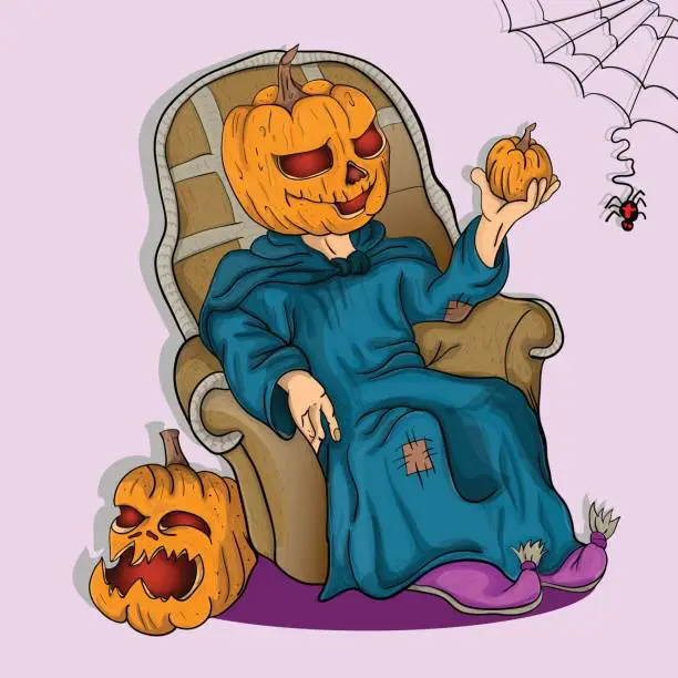 Vector illustration of pumpkin sitting in an armchair and looking at a pumpkin