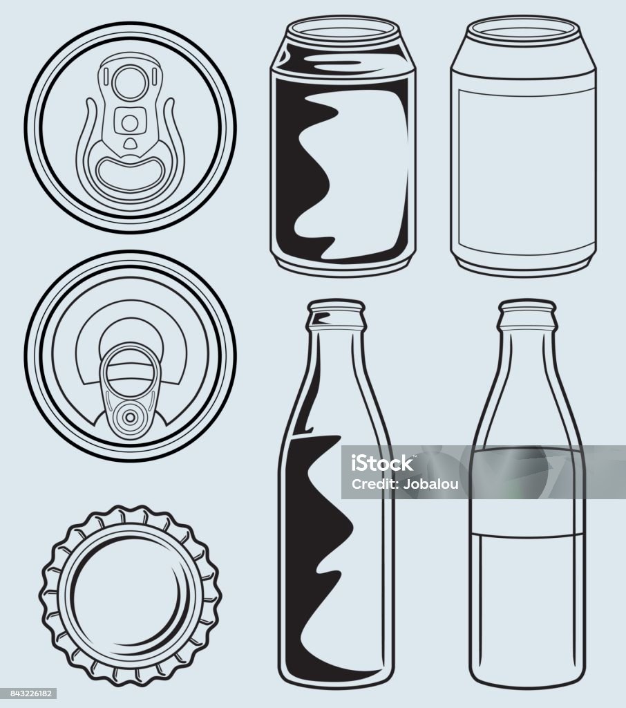 Can And Glass Bottle Containers Vector Illustration of Cans and its tops views, Glass Bottles and Can stock vector