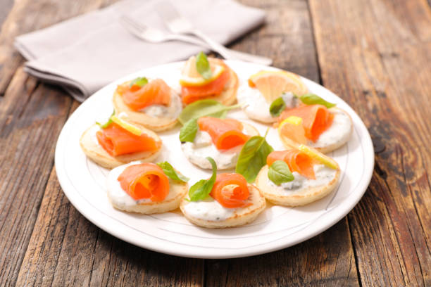 istock toast with cream and salmon, buffet food 843233840