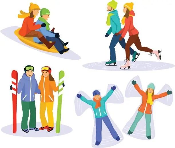 Vector illustration of Couple's snow and ice fun winter activities: sledding, ice skating, skiing and lying on snow and laughing