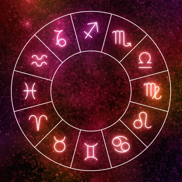 Zodiac circle. Shining zodiac signs against red space sky and stars.