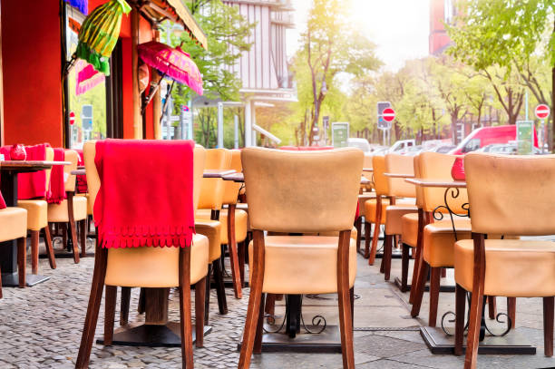 istock empty street cafe with leather chairs in Berlin 843237692