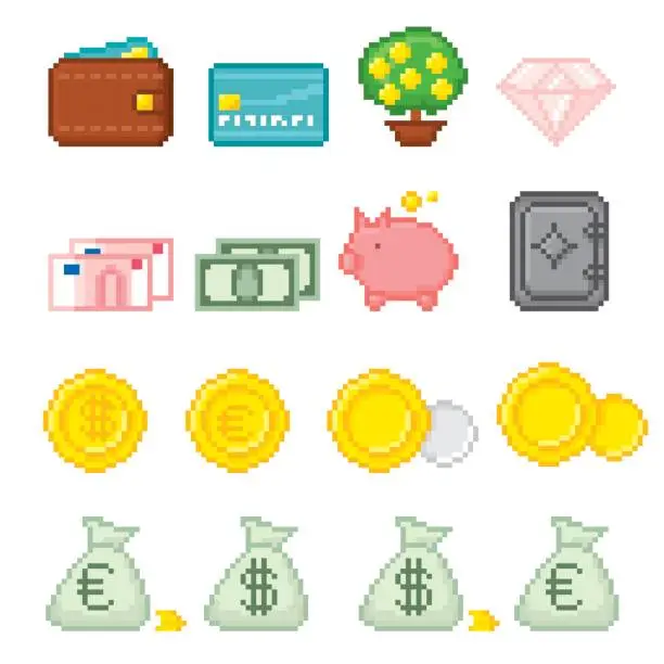 Vector illustration of Finance Pixel icon set. Old school computer graphic style