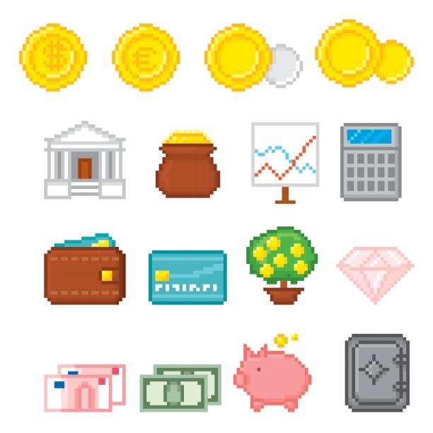 Finance Pixel icon set. Old school computer graphic style Finance Pixel icon set. Old school computer graphic style. электронная почта stock illustrations