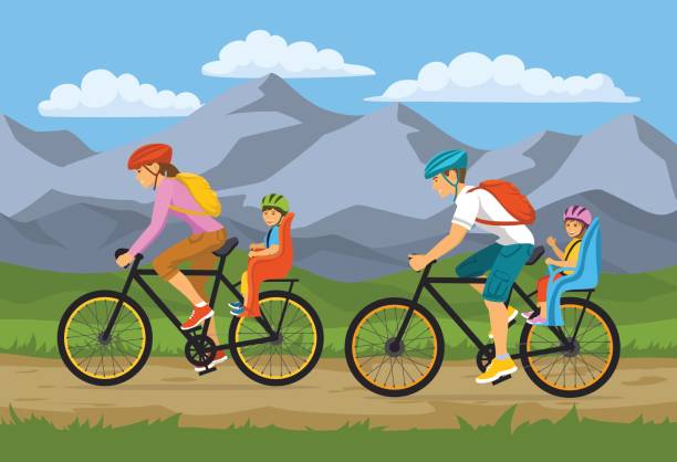 가족, 부모, 그들의 아이 들, 소년과 소녀, 승마 자전거 여행으로 남자 여자. - australia camping hiking family stock illustrations