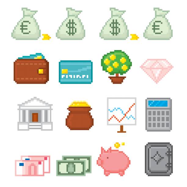 Finance Pixel icon set. Old school computer graphic style Finance Pixel icon set. Old school computer graphic style. электронная почта stock illustrations