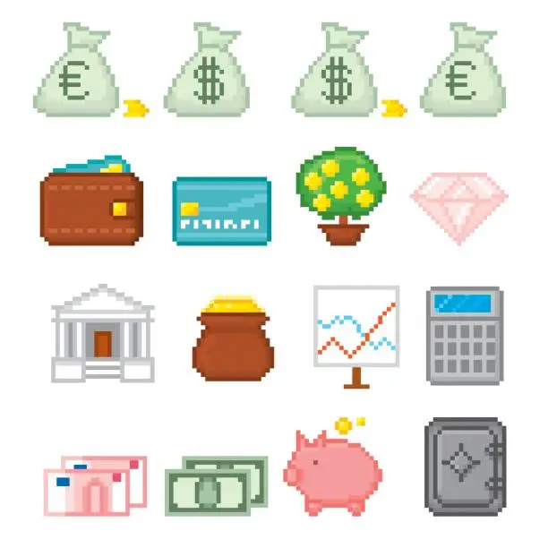 Vector illustration of Finance Pixel icon set. Old school computer graphic style