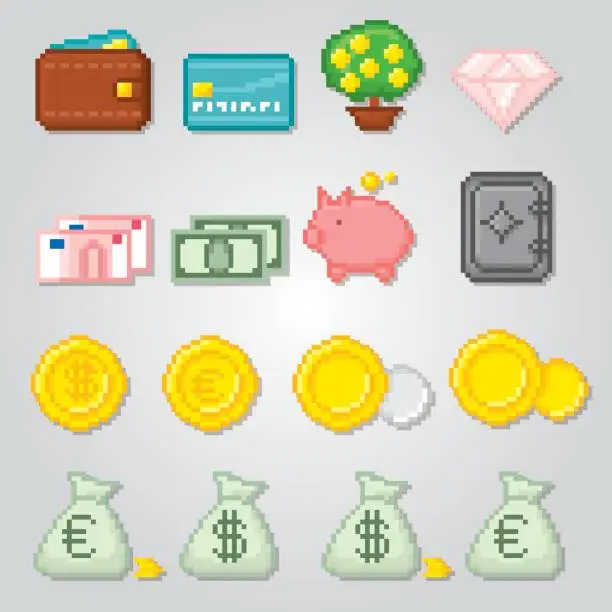 Vector illustration of Finance Pixel icon set. Old school computer graphic style