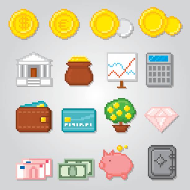 Finance Pixel icon set. Old school computer graphic style Finance Pixel icon set. Old school computer graphic style. электронная почта stock illustrations