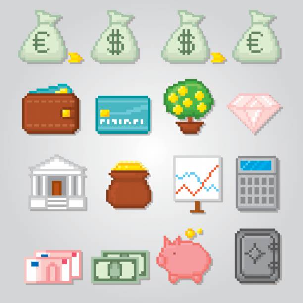 Finance Pixel icon set. Old school computer graphic style Finance Pixel icon set. Old school computer graphic style. электронная почта stock illustrations