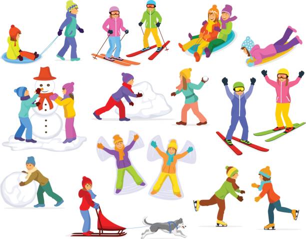 illustrazioni stock, clip art, cartoni animati e icone di tendenza di bambini che si godono le attività divertenti invernali sulla neve e sul ghiaccio: slittino, sci, pattinaggio su ghiaccio, gioco di palle di neve a pagamento, creazione di pupazzo di neve, slitta da equitazione con husky - ice skating sports venue animal winter