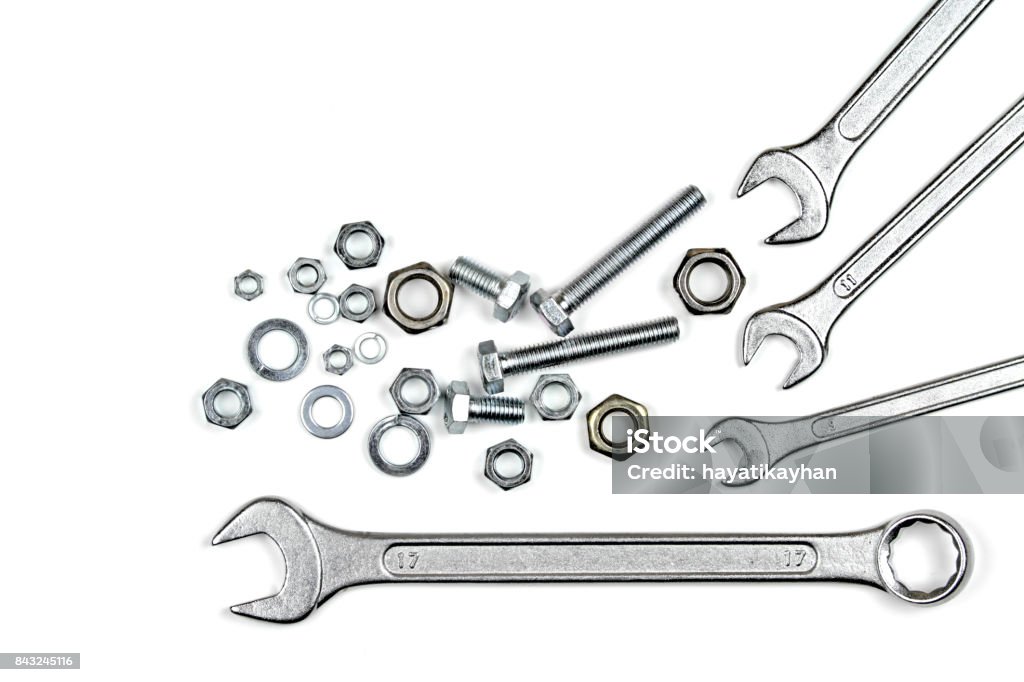 Wrenches, bolts and washers Wrenches, bolts and washers isolated on white background Work Tool Stock Photo