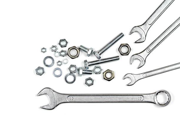 wrenches, bolts and washers - mechanic tools imagens e fotografias de stock